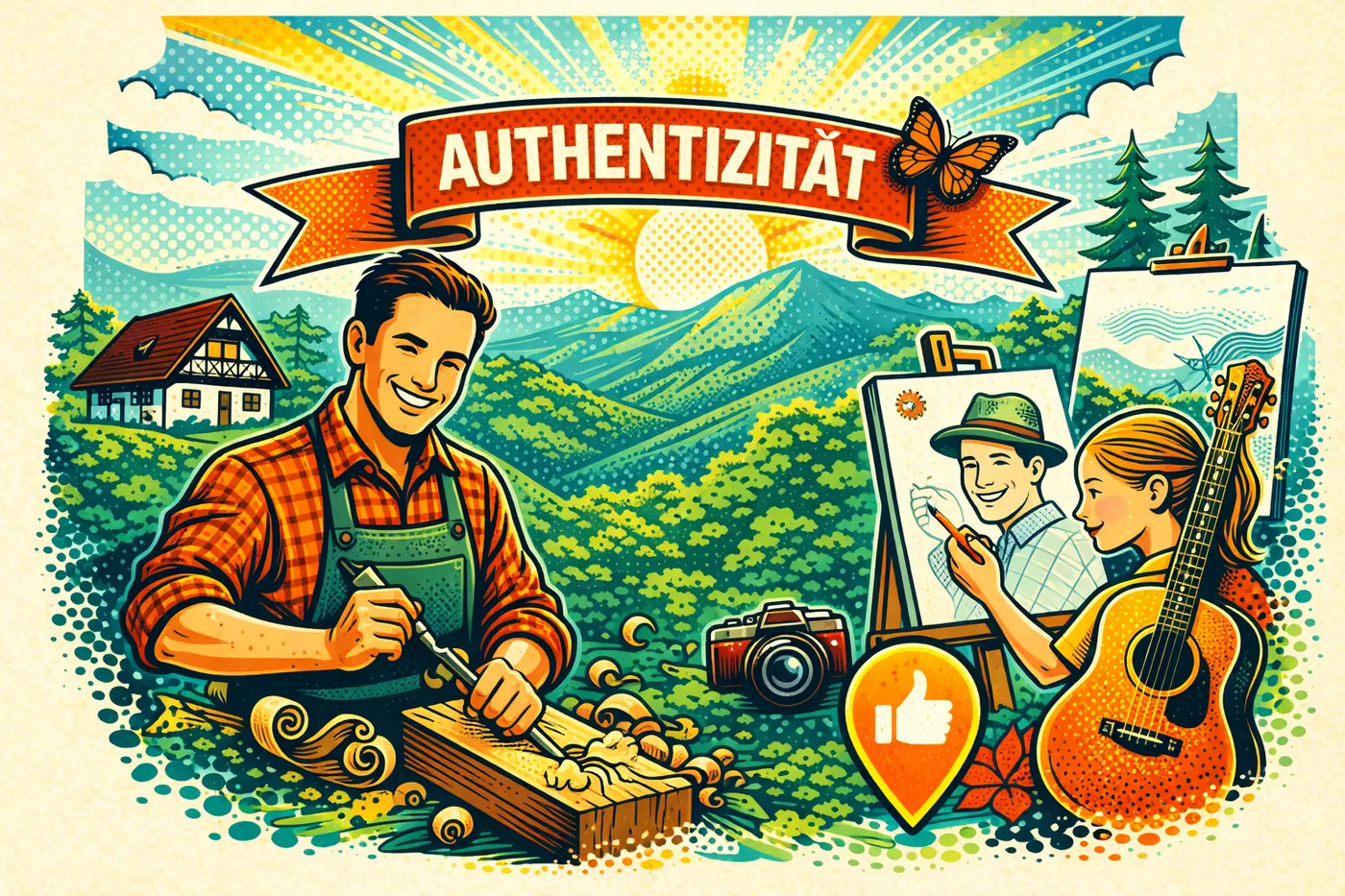 Pop-Art-Illustration zum Thema Authentizität im Schwarzwald mit Menschen, Natur und alltäglichen regionalen Elementen.