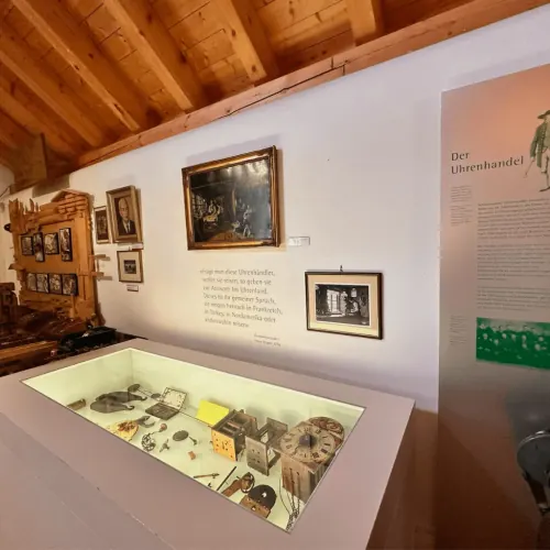 Blick in einen Museumsraum mit Schaukästen.