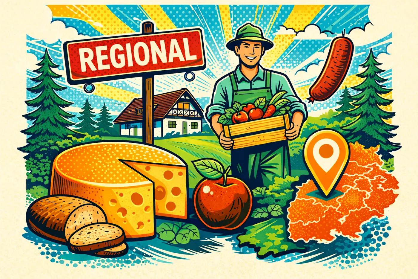 Pop-Art-Illustration zur Regionalität im Schwarzwald mit Landschaft, Häusern und regionalen Elementen.