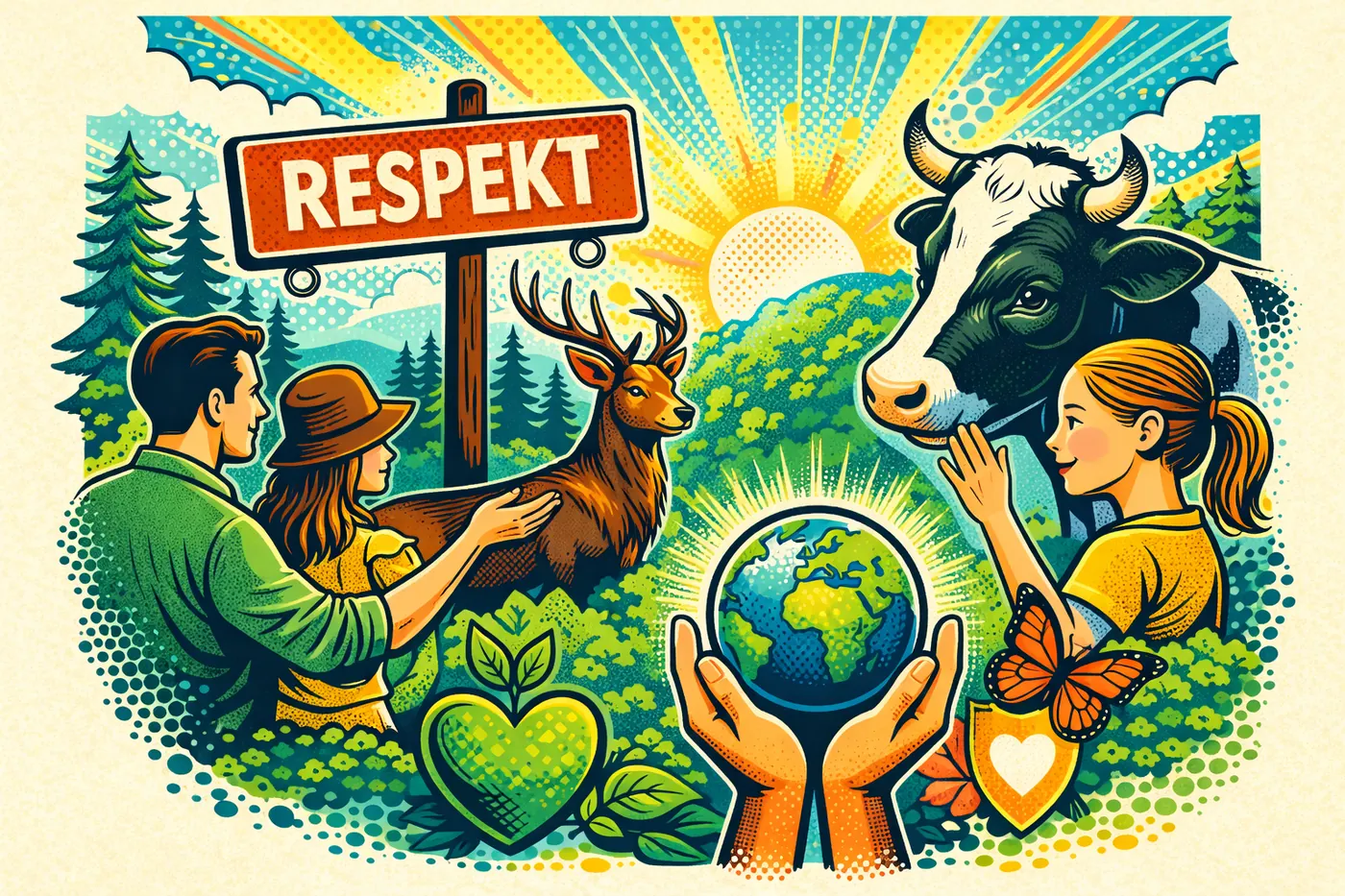 Pop-Art-Illustration zum Thema Respekt im Schwarzwald mit Menschen und Natur in harmonischer Darstellung.