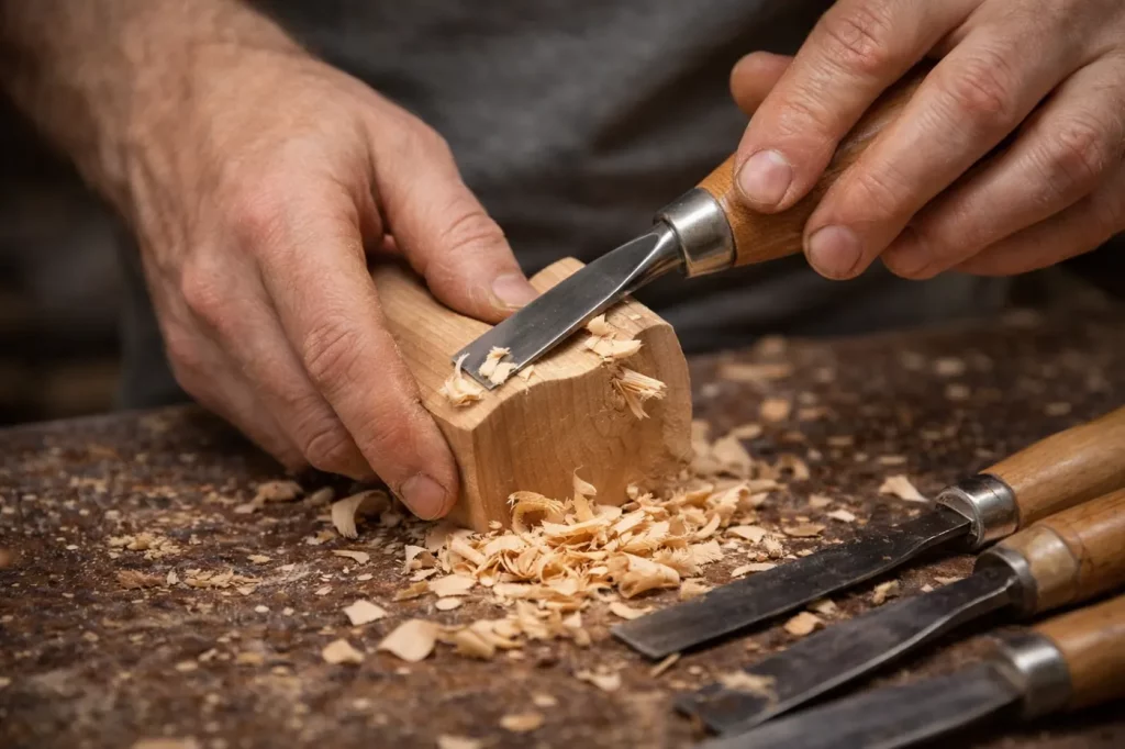 Nahaufnahme der Hände eines Schreiners, der mit traditionellen Werkzeugen ein Stück Holz bearbeitet.