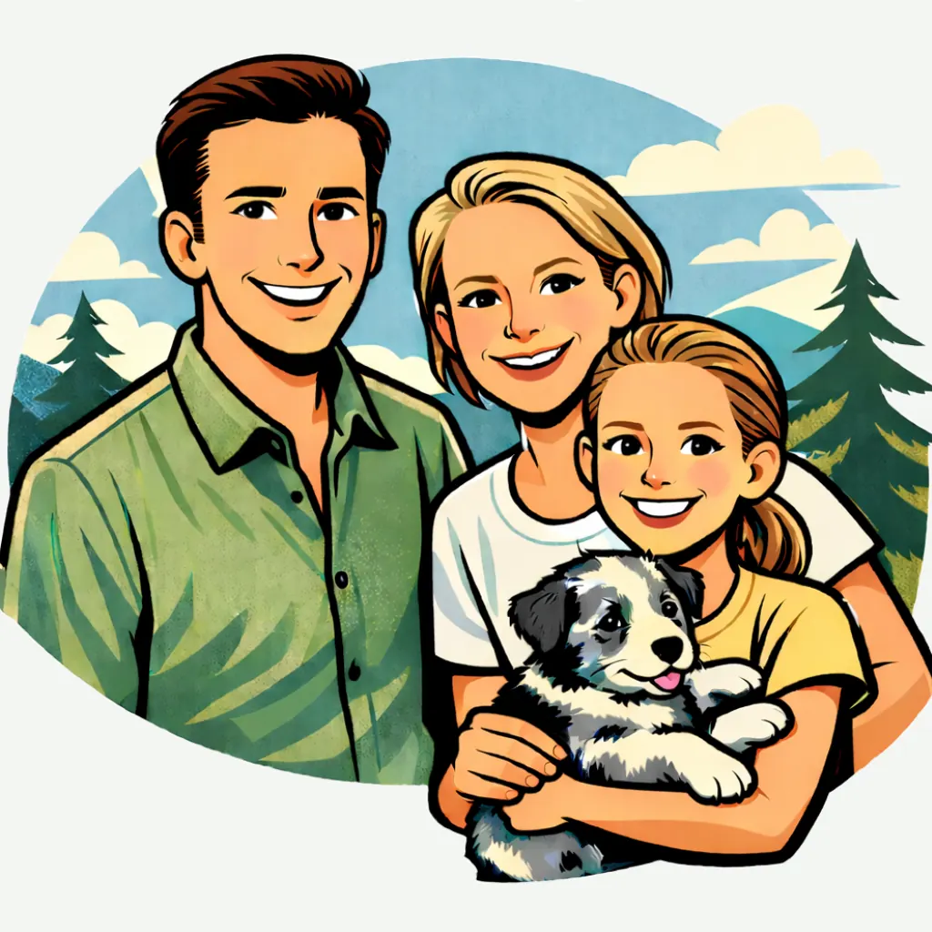 Illustration einer Familie mit Kind und Hund im Schwarzwald, dargestellt im modernen Retro-Comic-Stil