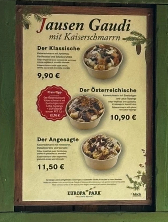 Restaurantkarte des Jausen Gaudi im Themenbereich Österreich des Europa-Park mit Speisen, Preisen und Informationen.