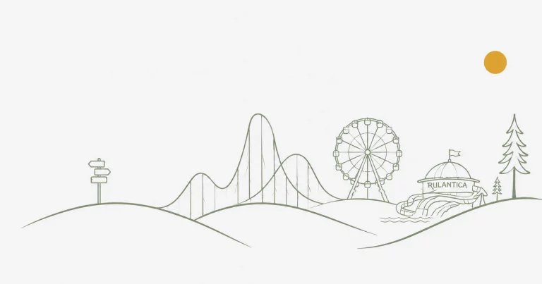 Minimalistische Headerillustration für den Europa-Park-Guide mit Achterbahn, Riesenrad und Rulantica.