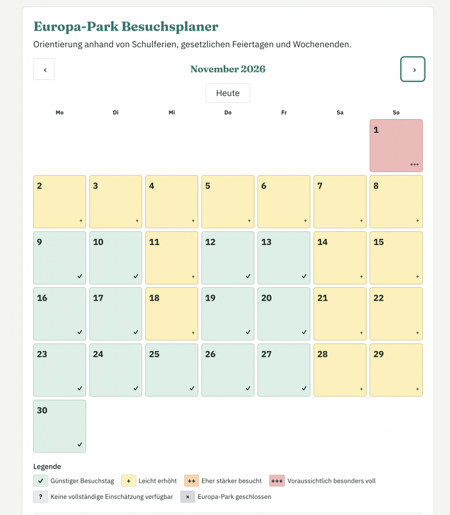 Eine Grafik, die den Europa-Park-Auslastungskalender auf unserer Europa-Park-Kategorie-Seite zeigt.