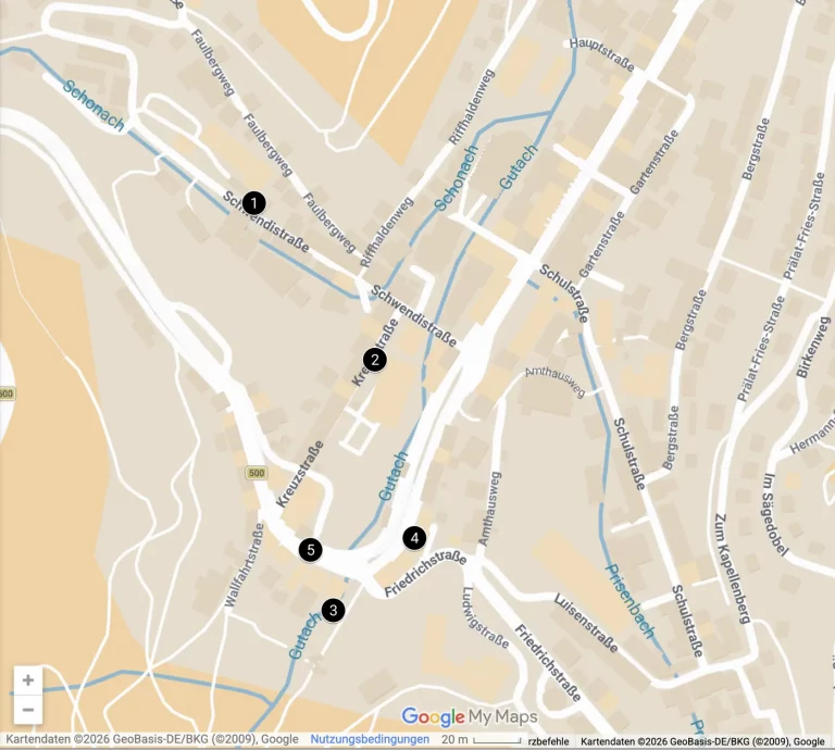 Karte der kurzen Triberg-Route vom zentralen Parkplatz über die Wasserfälle zum Haus der 1000 Uhren