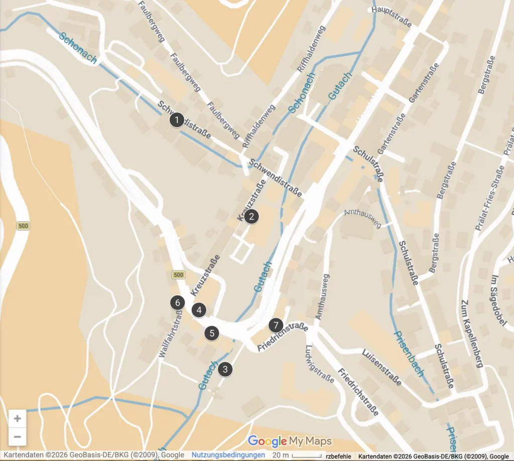 Karte der halbtägigen Triberg-Route mit Wasserfällen, Schwarzwaldmuseum und Hauptstraße