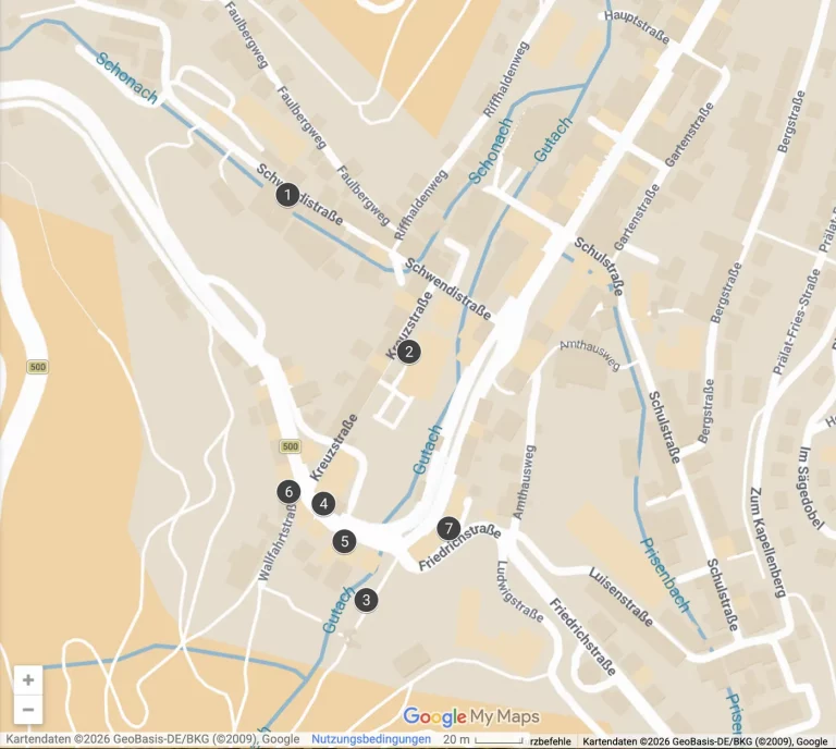 Karte der halbtägigen Triberg-Route mit Wasserfällen, Schwarzwaldmuseum und Hauptstraße