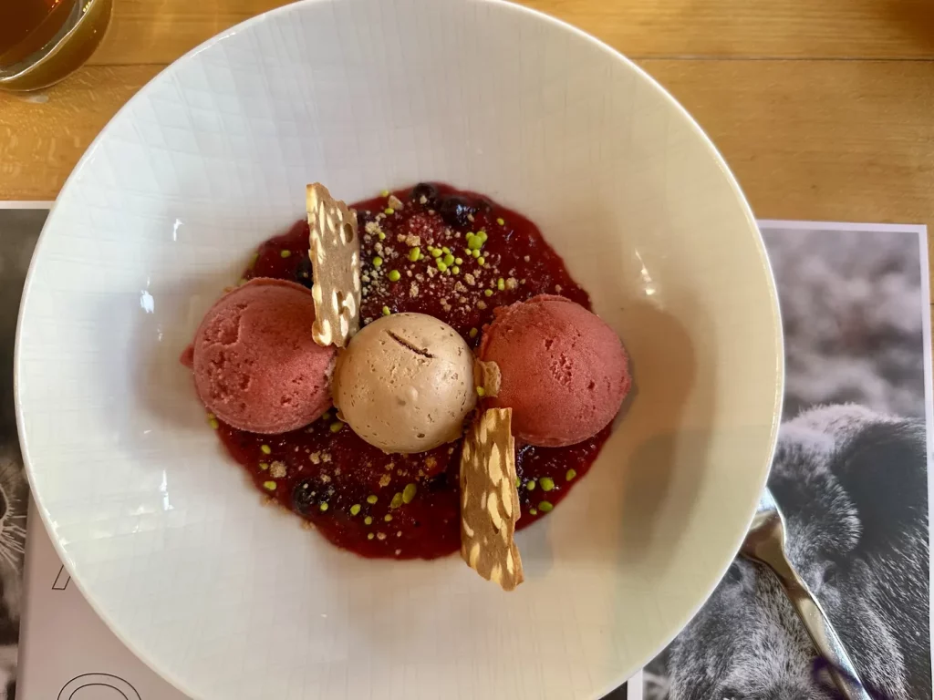 Mousse au Chocolat mit roter Grütze und Erdbeersorbet als Dessert im Gasthaus Adler Lahr