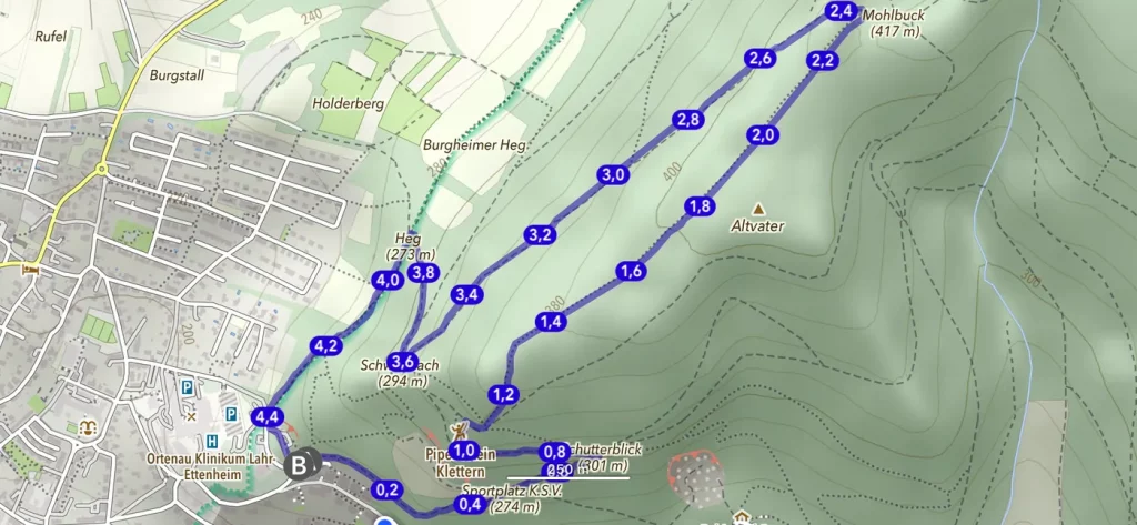 Kartenausschnitt mit markiertem Verlauf der Altvater-Runde in Lahr