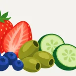 Illustration mit Erdbeere, Heidelbeeren, Oliven, Gurke für den 1. Aufbautag