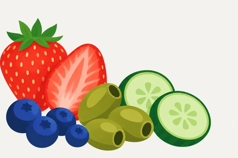 Illustration mit Erdbeere, Heidelbeeren, Oliven, Gurke für den 1. Aufbautag