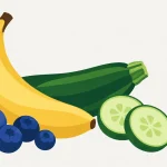Illustration mit Banane, Heidelbeeren, Zucchini und Gurke für den zweiten Aufbautag