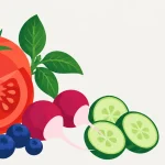 Illustration mit Tomate, Basilikum, Radieschen, Gurke und Heidelbeeren für den vierten Aufbautag