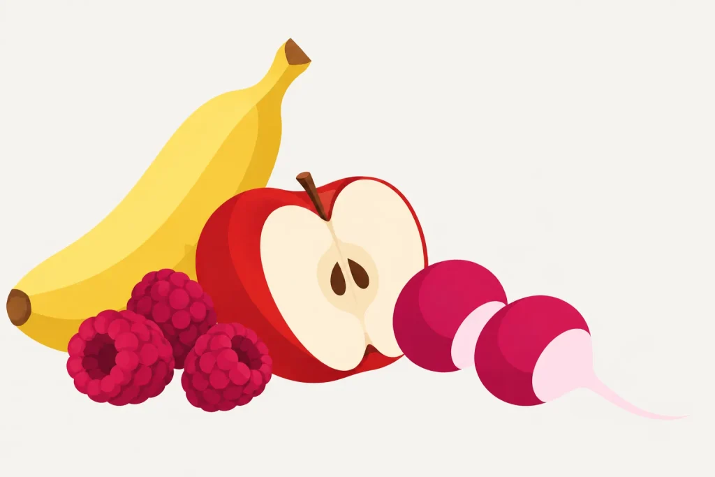 Illustration mit Banane, Apfel, Himbeeren und Radieschen für den fünften Aufbautag