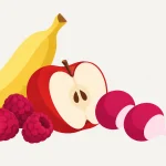 Illustration mit Banane, Apfel, Himbeeren und Radieschen für den fünften Aufbautag