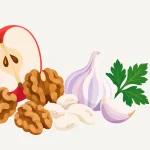 Illustration mit Apfel, Walnüssen, weißen Bohnen, Knoblauch und Petersilie für den sechsten Aufbautag