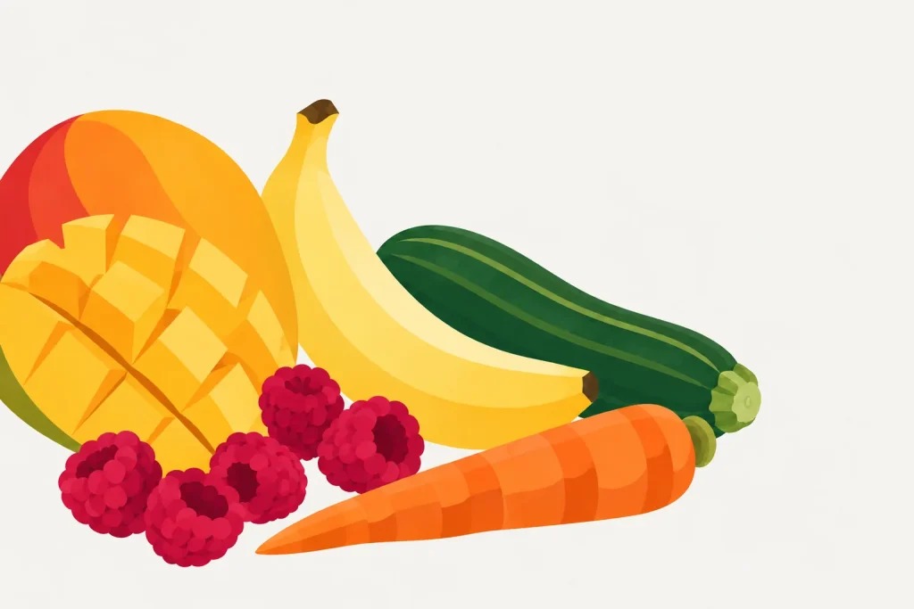 Illustration mit Mango, Banane, Himbeeren, Zucchini und Karotte für den siebten Aufbautag