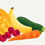 Illustration mit Mango, Banane, Himbeeren, Zucchini und Karotte für den siebten Aufbautag