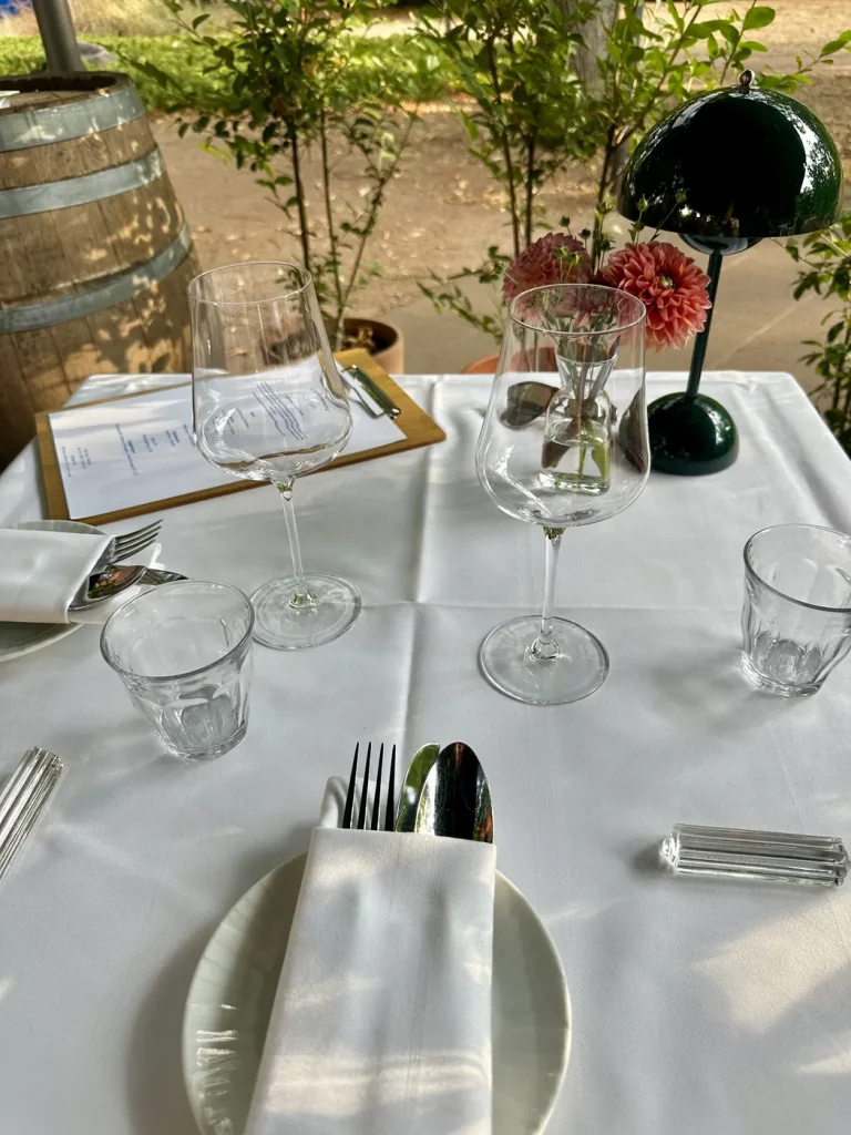 Gedeckter Tisch im Garten des Café Gupi im Läublinpark in Weil am Rhein.