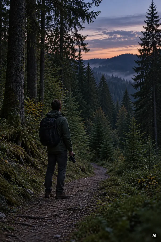 Person mit Fernglas am Waldrand in der Dämmerung
