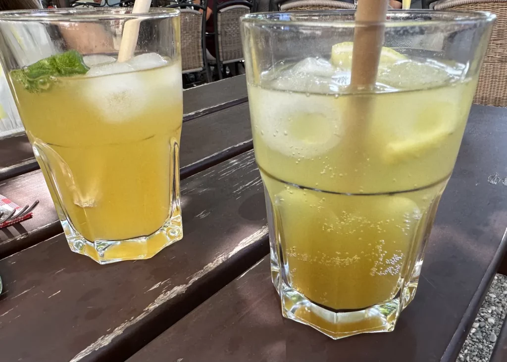 Hausgemachte Limonaden mit Minze-Maracuja und Zitrone-Basilikum bei Fegers Grüner Baum in Lahr