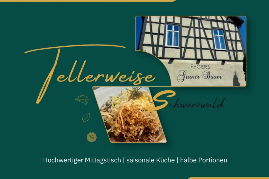 Headergrafik der Reihe Tellerweise zu Fegers Grüner Baum in Lahr mit Restaurantansicht und Meeresfrüchten auf Fregola Sarda