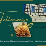 Headergrafik der Reihe Tellerweise zu Fegers Grüner Baum in Lahr mit Restaurantansicht und Meeresfrüchten auf Fregola Sarda