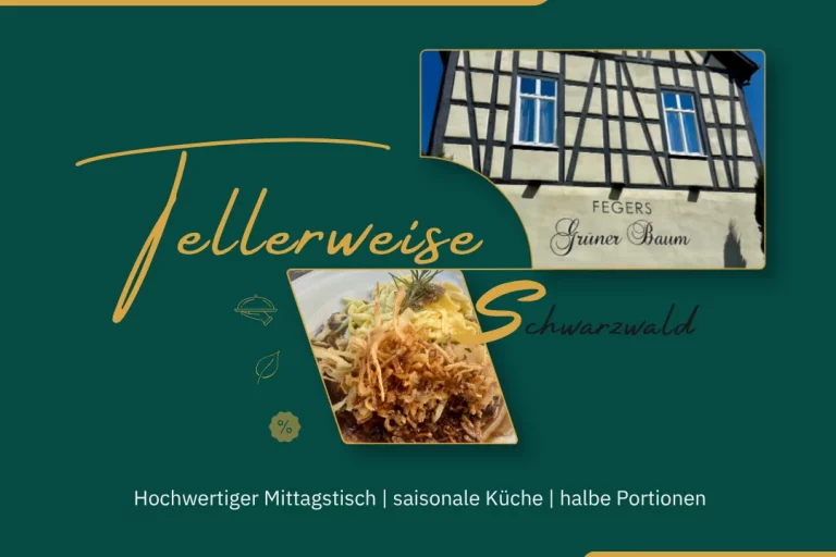 Headergrafik der Reihe Tellerweise zu Fegers Grüner Baum in Lahr mit Restaurantansicht und Meeresfrüchten auf Fregola Sarda