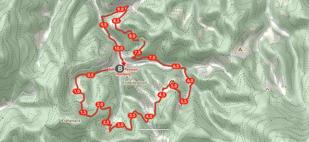 Ein Map-Screenshot einer GPX-Route mit POI des Gebirger-Höfe-Wegs