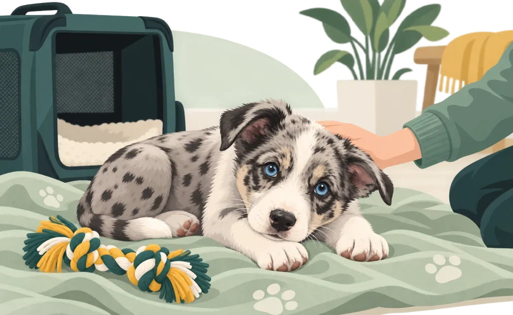 Illustration eines Welpen mit blauem Spielzeug auf einem Teppich im Wohnzimmer