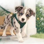 Illustration eines jungen Hundes steht auf einem Holzboden im Wohnzimmer