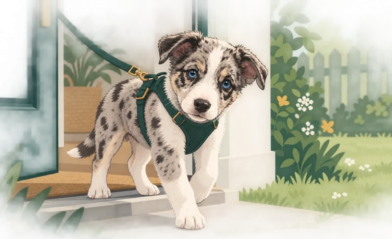 Illustration eines jungen Hundes steht auf einem Holzboden im Wohnzimmer