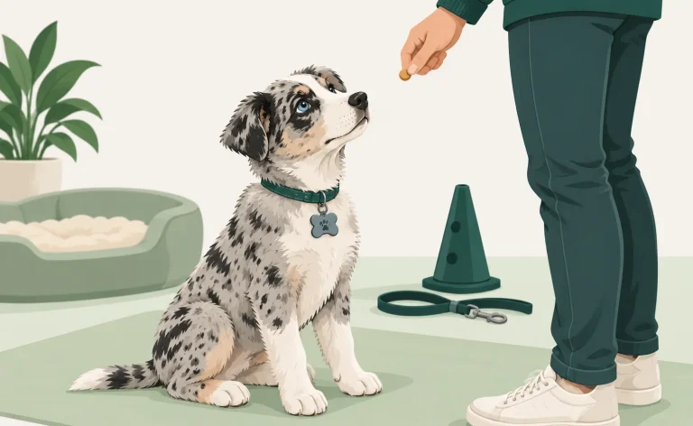 Illustration eines jungen Hundes sitzt aufmerksam vor einer Person beim Training