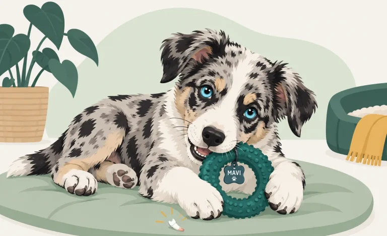 Illustration eines jungen Hundes mit erstem Zahnverlust und den Veränderungen im Welpenalter