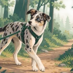 Illustration eines jungen Hundes auf einem Waldweg, der aufmerksam seine Umgebung beobachtet.