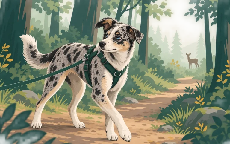 Illustration eines jungen Hundes auf einem Waldweg, der aufmerksam seine Umgebung beobachtet.
