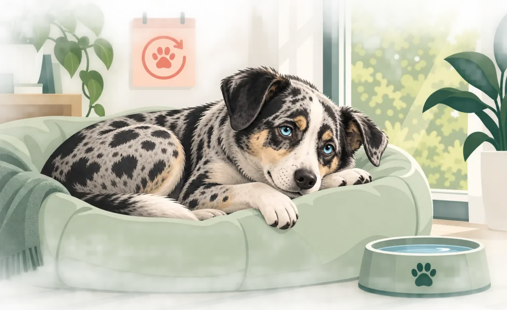 Illustration eines jungen Hundes, der entspannt in einem Hundebett am Fenster liegt und nach draußen blickt.
