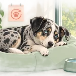 Illustration eines jungen Hundes, der entspannt in einem Hundebett am Fenster liegt und nach draußen blickt.