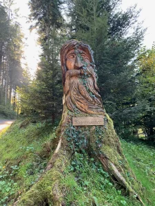 Geschnitzte Holzskulptur mit Schriftzug Sägersweiher am Waldrand in Schuttertal im Schwarzwald