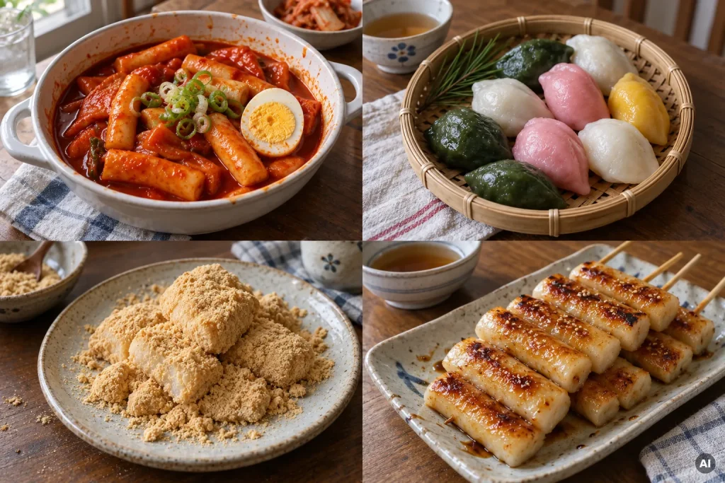 Klassische koreanische Tteok aus Reismehl in länglicher Form, creme-weiß und glänzend, als Dessert auf grauem Teller angerichtet