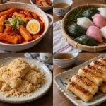 Klassische koreanische Tteok aus Reismehl in länglicher Form, creme-weiß und glänzend, als Dessert auf grauem Teller angerichtet