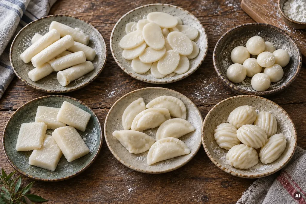 Vier Tteok Varianten im Vergleich: Dessert mit Kugeln, Streetfood Spieße, Bowl mit Rollen und Suppe mit Reiskuchen in Scheiben