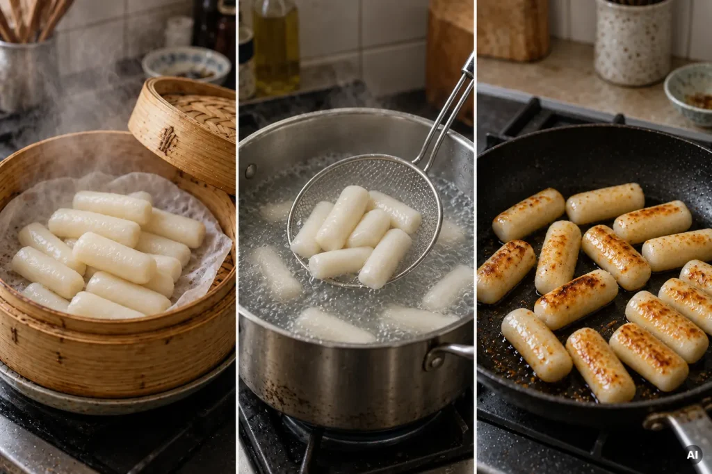 Drei Zubereitungsarten für Tteok im Vergleich: Dämpfen im Bambuskorb, Kochen im Topf und Anbraten in der Pfannne
