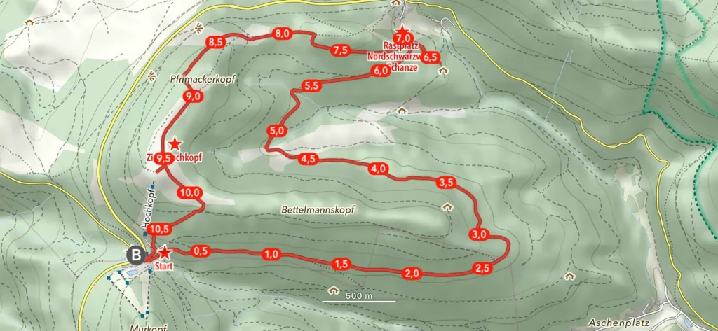 Ein Map-Screenshot einer GPX-Route mit POI der Hochkopf Wanderung