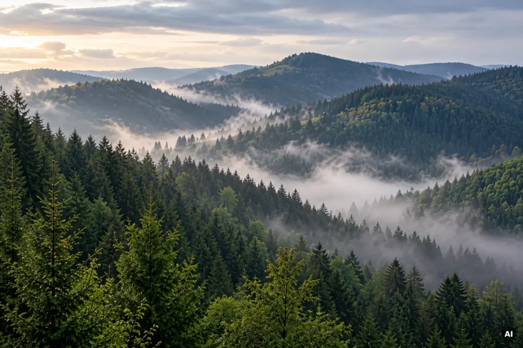 Panorama-Aufnahme von Baumkronen eines Waldes mit Nebelschwaden.