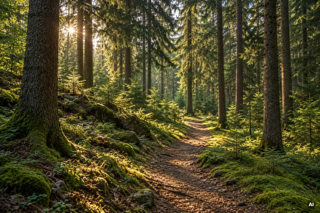 Ein mit Sonnenstrahlen durchfluteter Waldweg mit Bäumen, viel Moos und Grün.
