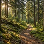 Ein mit Sonnenstrahlen durchfluteter Waldweg mit Bäumen, viel Moos und Grün.