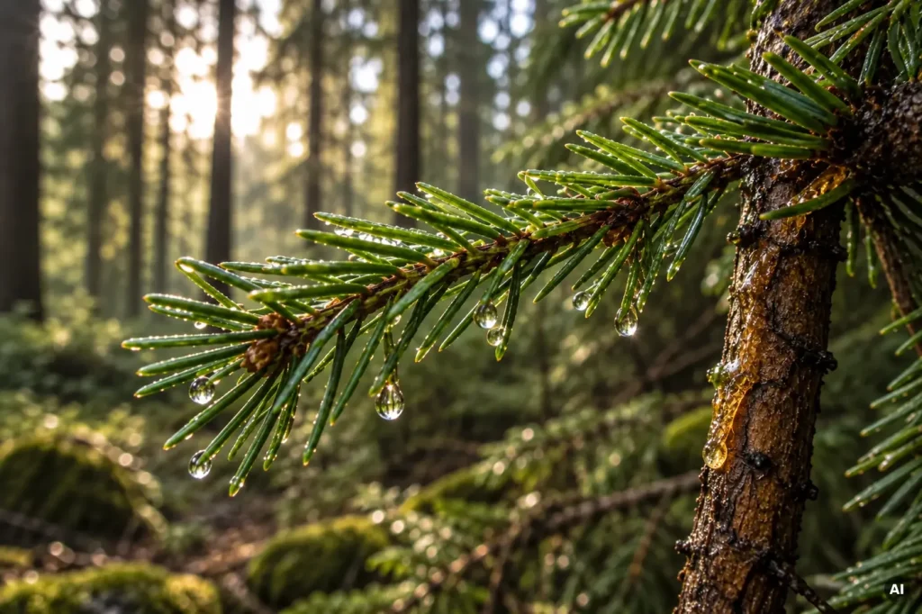 Detailaufnahme einer Tanne mit Tannennadeln, von denen Harz tropft und die von den Sonnenstrahlen angetsrahlt werden.