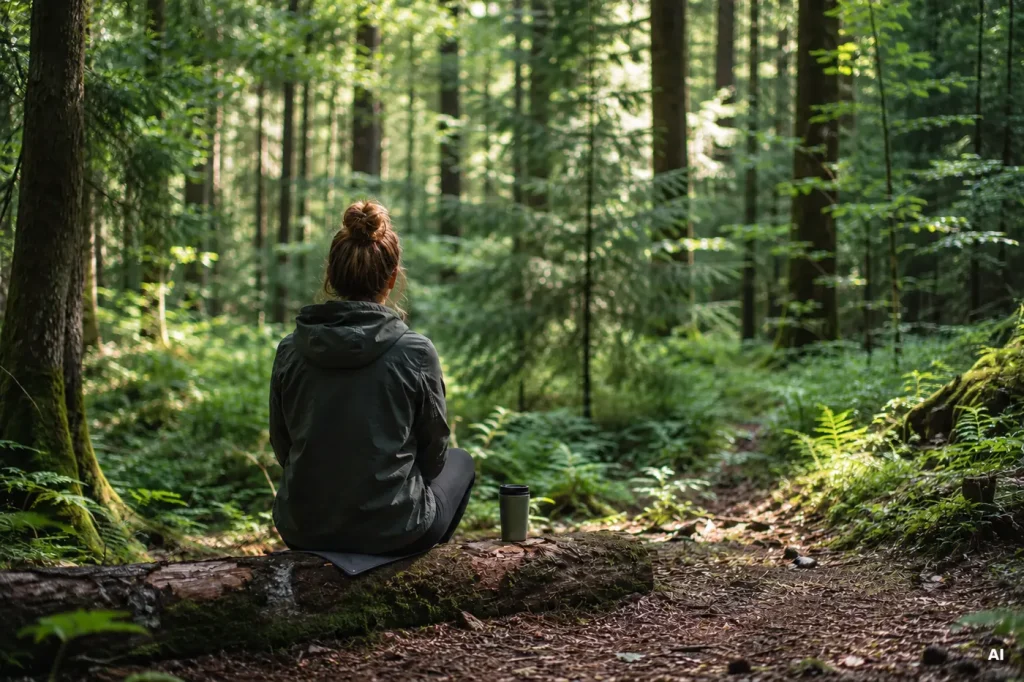 Eine Person sitzt auf einem Baumstamm im Wald und blickt in die grüne Waldlandschaft, neben ihr steht ein Trinkbecher.
